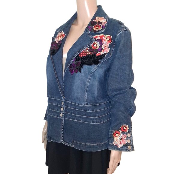 Boho Floral Embellished Upcycled Denim Jacket Size XL - Picture 3 of 7